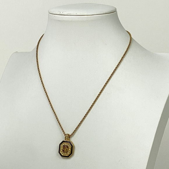 Christian Dior Logo Rhinestone Necklace CD GP Gold Black - Picture 4 of 4